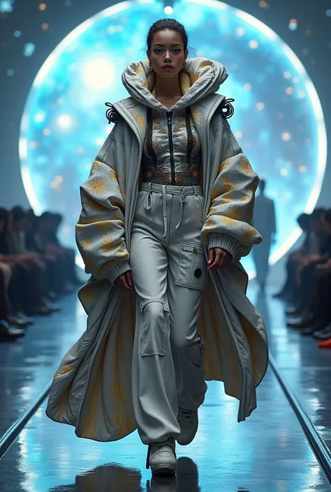 create me a look of oversized clothing worn by a model during a fashion show inspired by the space and fantasy theme