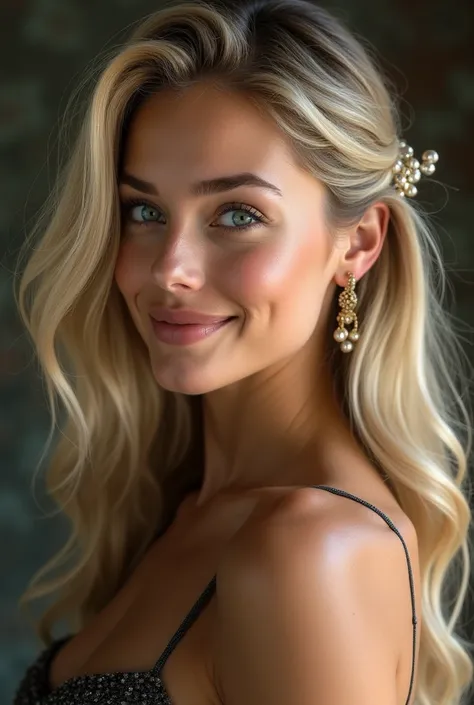 amber heard, long hair, breasts, smile, blue eyes, blond hair, hair ornament, jewelry, earrings, plano americano, from one side,...