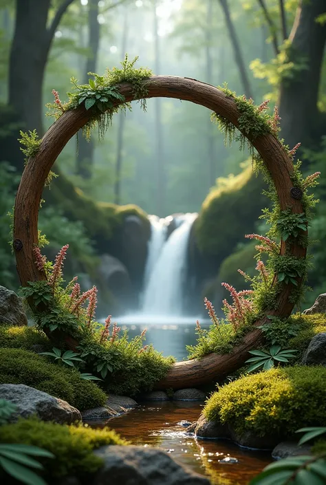 create an image of a nature hoop in a forest style with live trees, stones, waterfalls and glow, very frontal and without backgr...