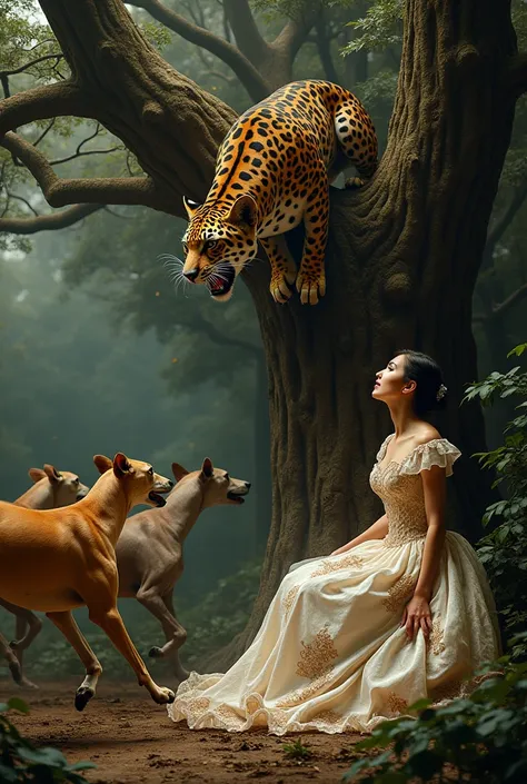 greyhound dogs attacking a jaguar that is in a tree next to a seated woman in a baroque dress