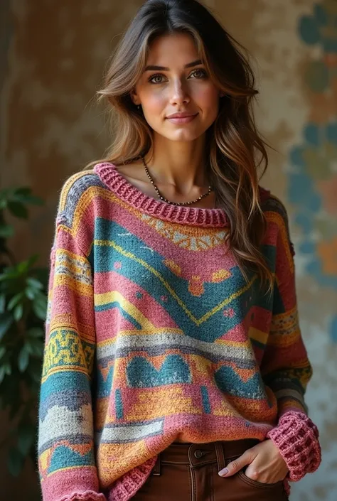 a printed knit sweater with a bohemian style, for woman, with various colors