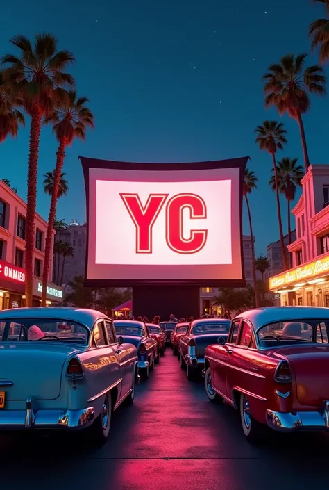 a retro car cinema but with the letters yc on the screen