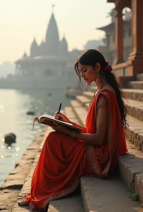 a young woman, mansi, sitting on the stone steps of varanasi ghats, writing in her diary. she wears traditional indian attire, h...