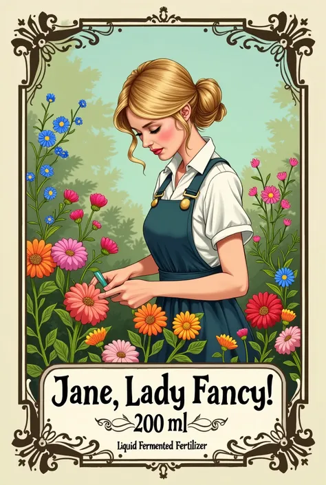 create a label for an agricultural product called "jane, lady fancy!" with the illustration of a young blonde gardener taking ca...