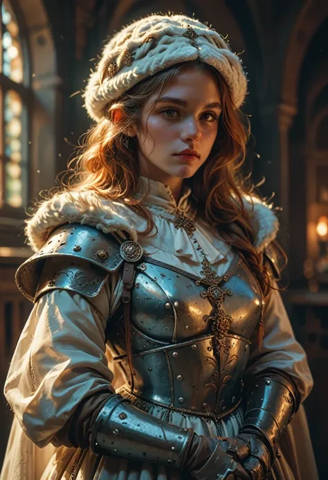 a medieval knight girl, intricate armor, fur cap