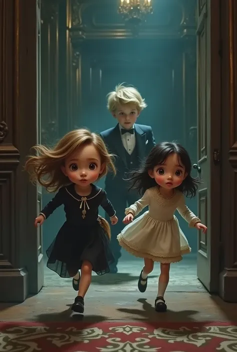 have three kids running around inside a mansion. the boy is that blond hair and elegant clothes, the first girl who was running ...