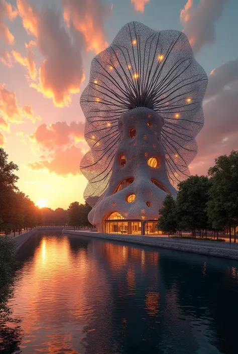 "an ultra-realistic, cinematic sunset scene featuring a futuristic building near the seine river, designed with a mathematical a...