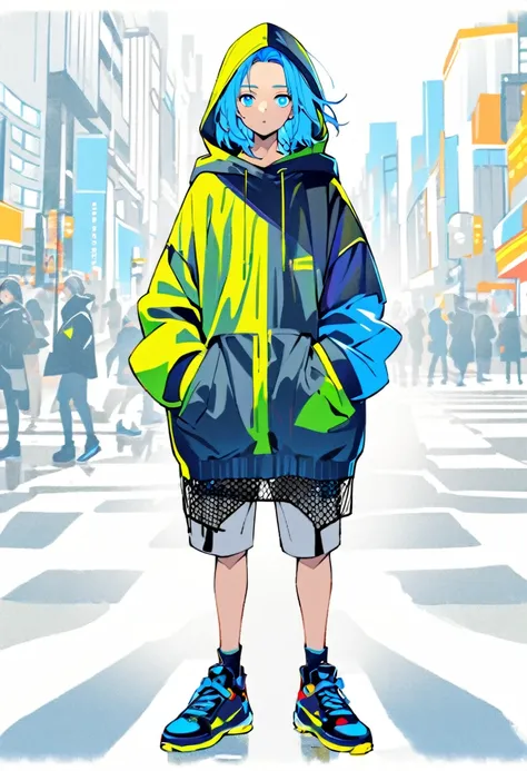 1boy, solo, medium hair, forehead, mesh color, blue eyes, cropped back hair, neutral facial features, oversized parka, he has hi...