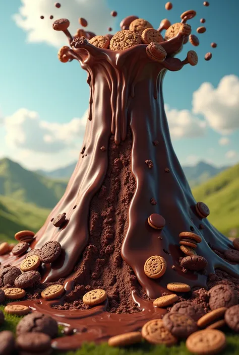 a chocolate volcanoe erupting chocolate with cookies