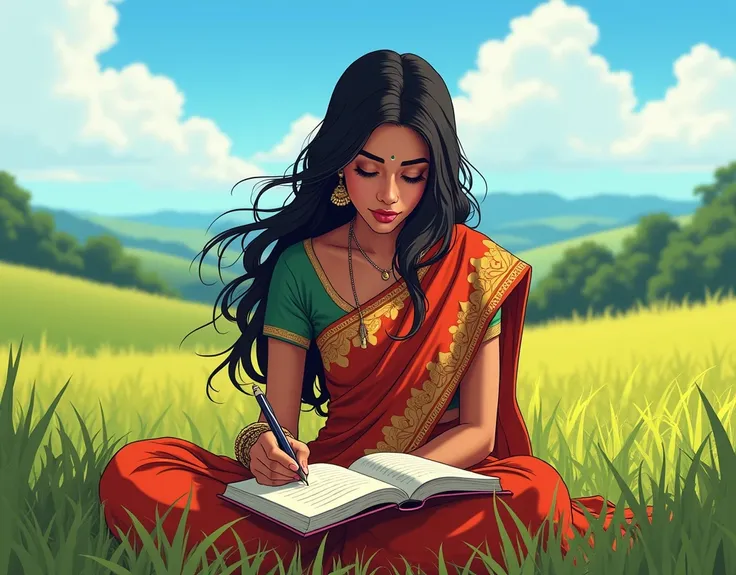 (photorealism:1.2), beautiful woman, holding a pen and writing something in a book, wearing sambalpuri saree, thinking something...