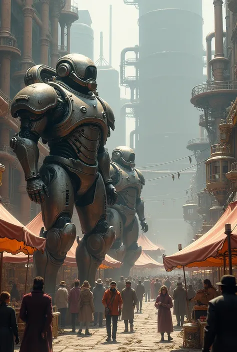 steam punk city, an open market made out of tents.
some steampunk power armors as guards of the city