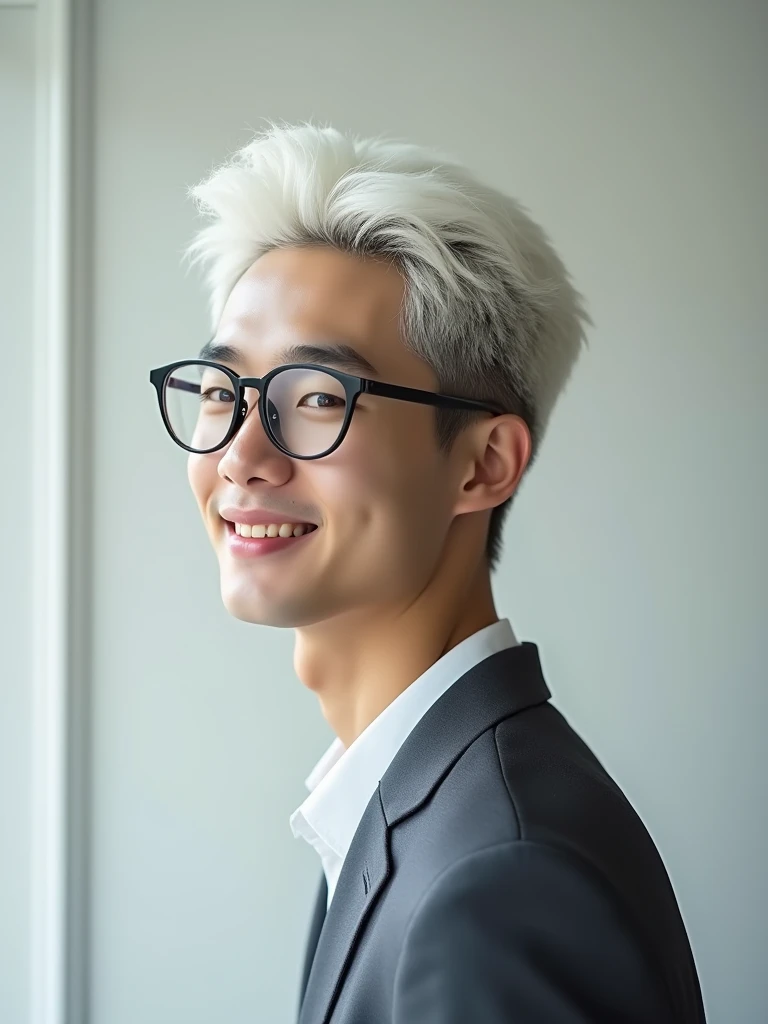 young man(korea),age 20(white skin),white hair,handsome,fit,doctor,beautiful,profile,clean,polite,sweet smile,titanium glasses,