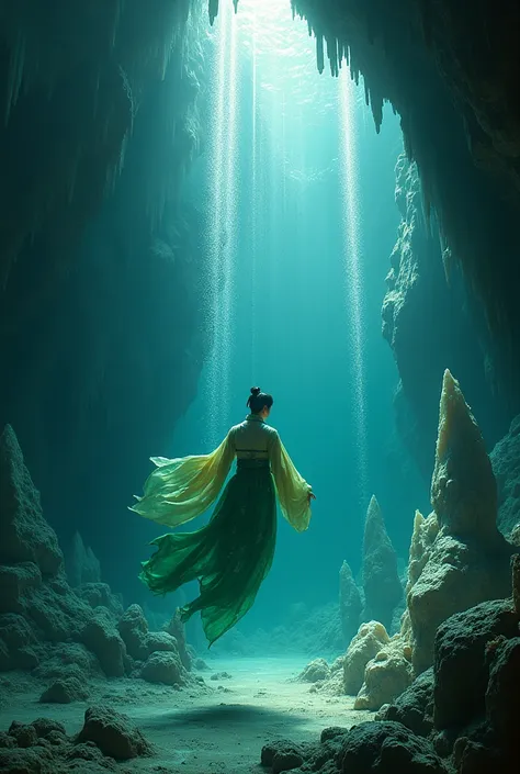 (ultra high definition, clear, delicate) a dark cave sea with sharp and big crystals rising out of it.. inside, a male wearing g...