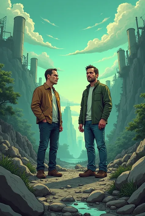 create a cartoon with 2 men in the image and with the background completely destroyed by pollution