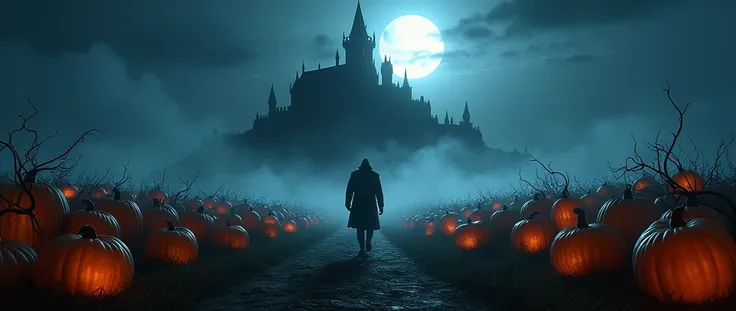 pumpkin field at night with full moon, Stars, drawn fog, Castelvania castle in shadow in the background,  from behind walking to...