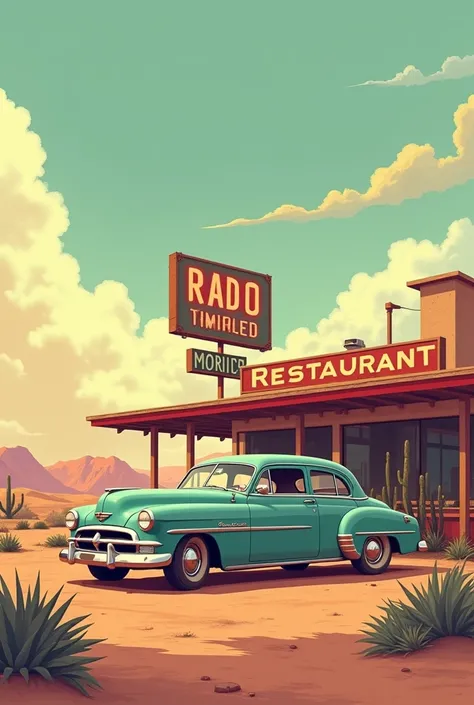 illustration of a car parked in front of a desert restaurant, lofi album art, lofi artstyle, lofi art, lofi, inspired by chris l...