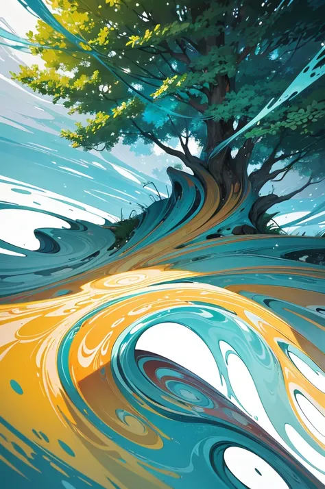 create an abstract representation of a tree with flowing, curved lines and bright, artistic colors. focus on blending natural tr...