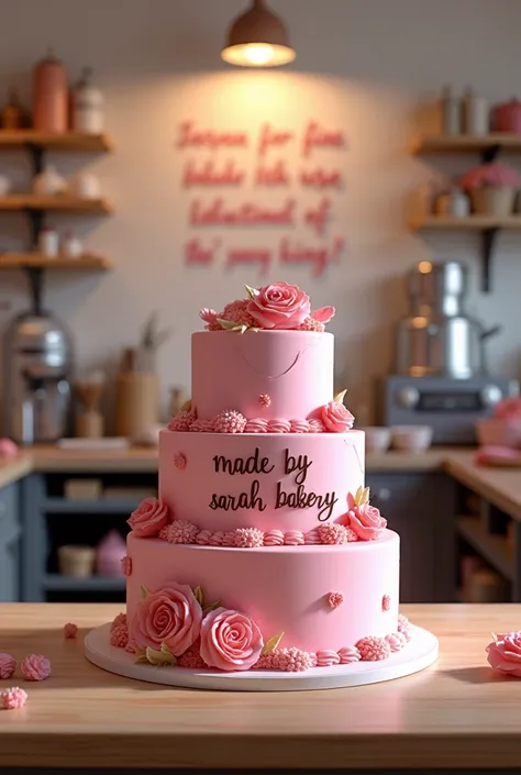 (photorealism:1.2), a pink large beautifully cake written "made by sarah bakery" where it stands on a table in bakery room with ...