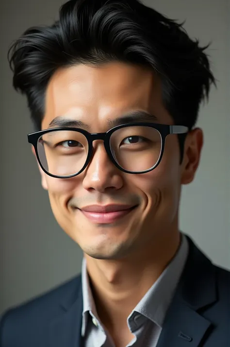 handsome asian man, 1, wearing glasses, looking mischievous, slim figure, cute asian man.