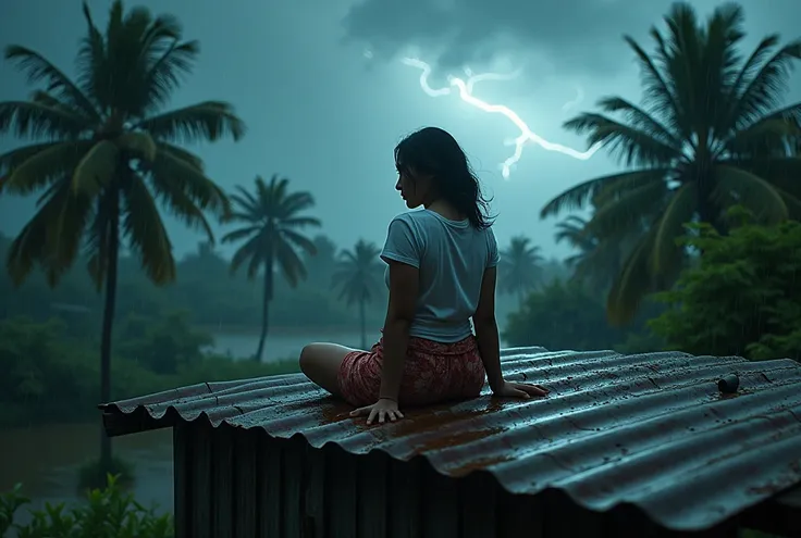 a beautiful, plump thai woman wearing a sarong and a tight white t-shirt sits on the roof of a flooded, rain-soaked, zinc-roofed...