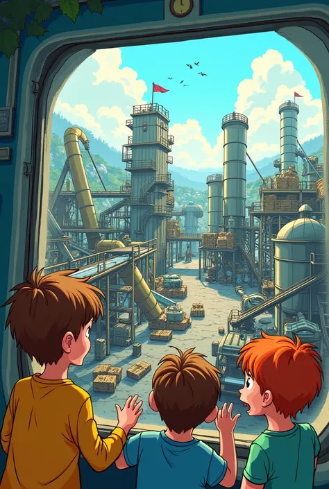 children at a viewing platform of a recycling factory, watching how materials are processed. animated comics style