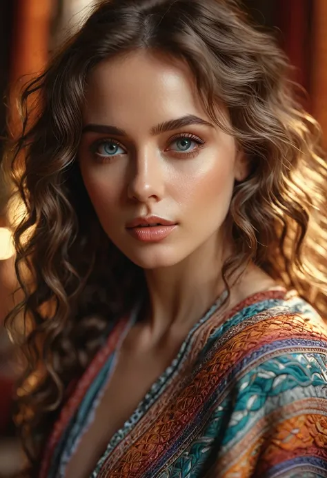 a woman working with fabrics, detailed portrait, beautiful eyes, full lips, wavy hair, intricate textile patterns, soft lighting...