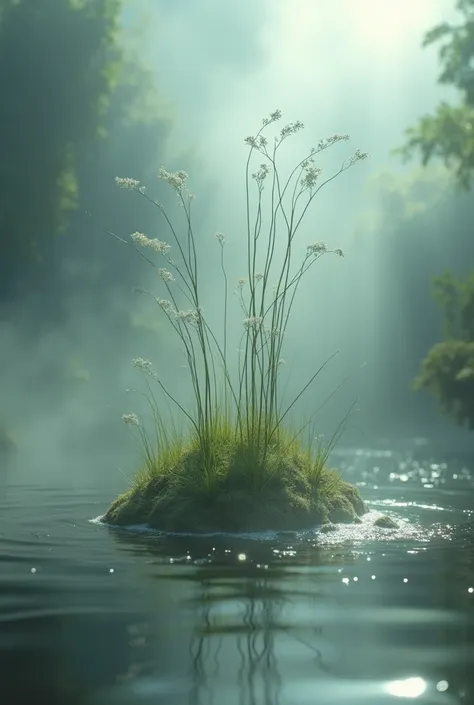 interaction between water and earth with plant shoots and ethereal mist in shades of blue and brown