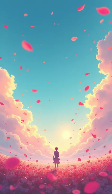 Under the vast sky、There is a silhouette visible from afar、There, colorful petals move forward like light.。Blue or pink、A fantas...