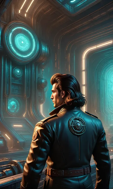 a dynamic close-up shot of a handsome 2 warrior man fixing a spacecraft engine in a futuristic hangar. he wears a leather jacket...