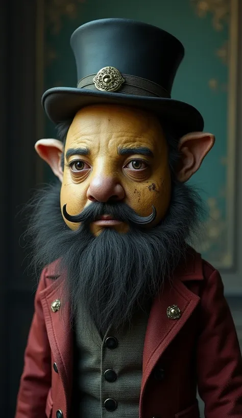 a weird supernatural humanoid creature with a potato head, alice in wonderland, beard, monocle, gentleman's hat, extremely detai...