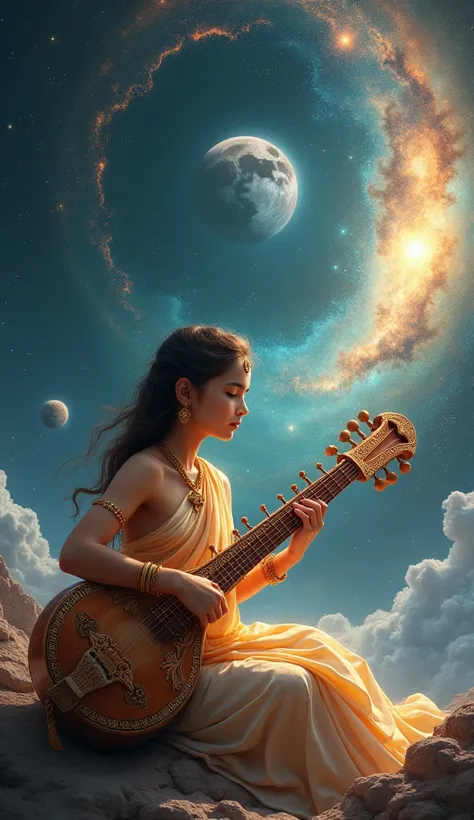 girl playing veena in galaxy woth planets