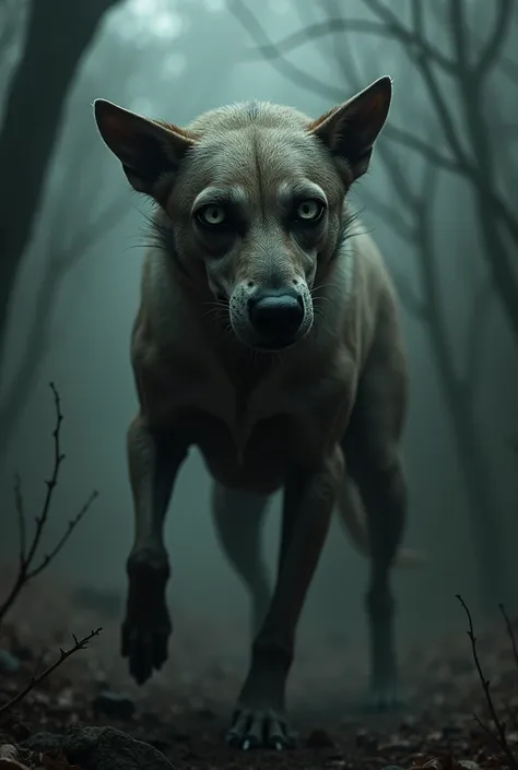 create an image of a macabre dog with human eyes and a strangely human face