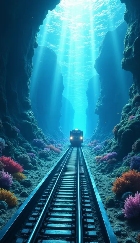 "a stunningly detailed undersea railway line stretching deep beneath the ocean’s surface, with sleek train tracks running throug...