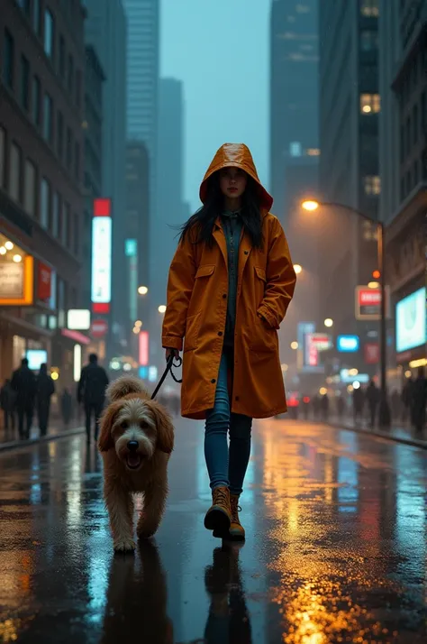 a young woman in a raincoat walks in the rain along the evening streets of a big city, leading a large one on a leash , shaggy d...