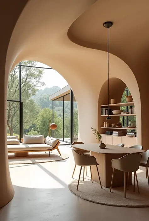 an image of a living and dining room with organic shapes in mdf