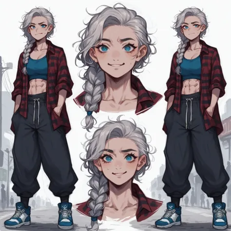 1 girl with slightly curly silver-white hair tied in a braided tail, turquoise blue eyes, and a smiling face. she has an average...