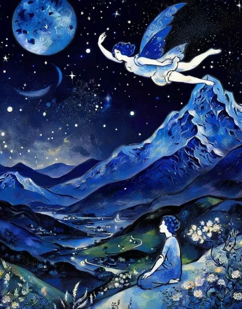 intricate painting details of tranquil night, by marc chagall, galaxy in background,  dark tone colour, high contrast, mountain,...