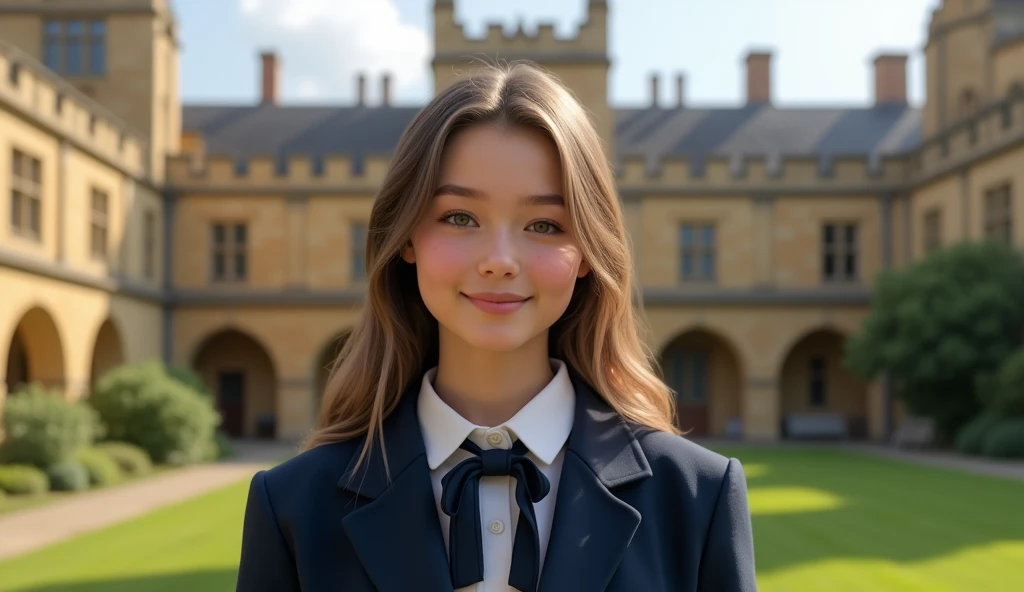 european teenage female student, photoshoot, wearing a oxford university uniform, oxford university as an background, detailed s...