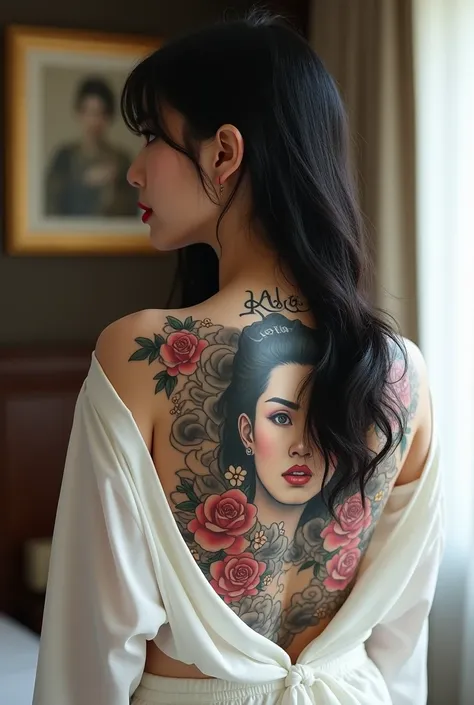 "photo of a young asian woman from behind, wearing a white shirt that is open at the back. her back is adorned with a large, int...