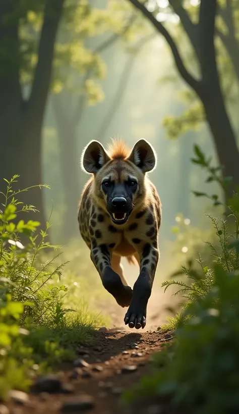 spotted hyena running forest inside, dramatic lighting, cinematic composition, intense action, realistic fur textures, detailed ...