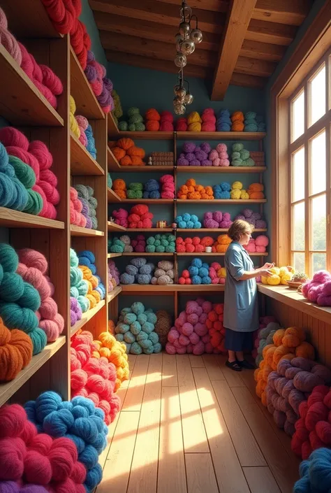 hello, i would like the image of a wool store, style "backright" with wooden shelves filled with balls of vibrant colors