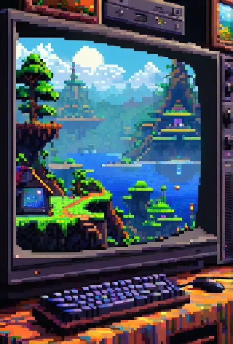 close-up of an old tv screen, sixteen-bit graphics like on a console, on the screen is a beautiful dark pixel game world, tv is ...