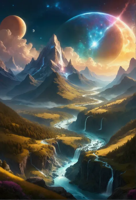 a vast fantastical landscape, majestic mountains, rolling hills, lush forests, flowing rivers, glowing celestial bodies, intrica...