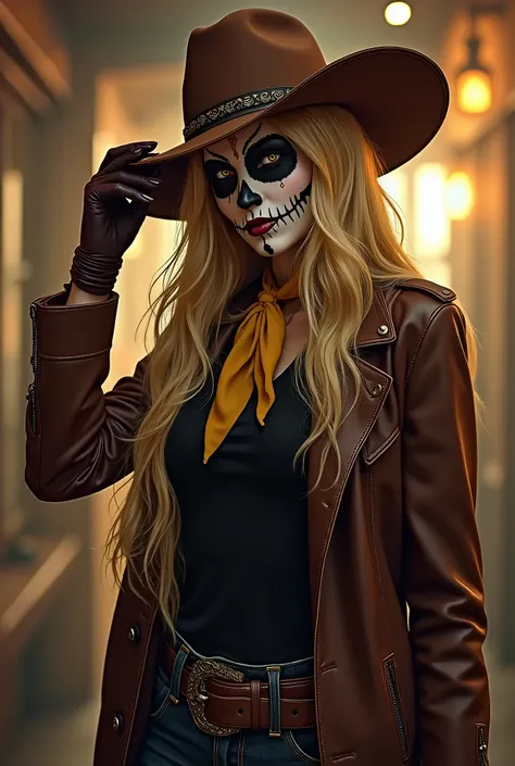 woman dressed as a cowboy, wearing a dark brown leather overcoat, black shirt, dark brown hat, golden scarf around the neck. lon...