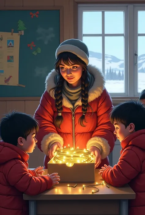 Eskimo teacher taking Christmas lights out of a box with her students