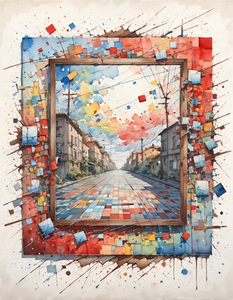 watercolor painting of a surrealist picture, square shape, dashes and lines, canvas picture, colors: rot, braun, broken like a m...