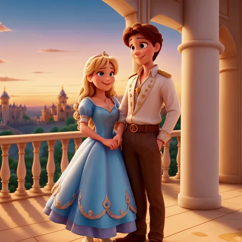 cinderella and the prince are standing together on the palace balcony, overlooking the kingdom at sunset. the sky is painted wit...