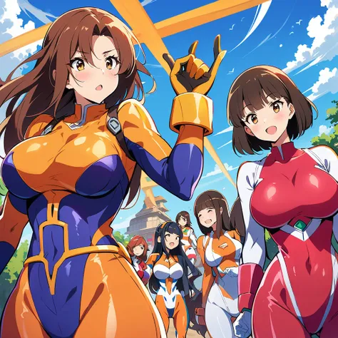 super sentai series, mecha bodysuits, girls surrounding, multiple girls, curvy body