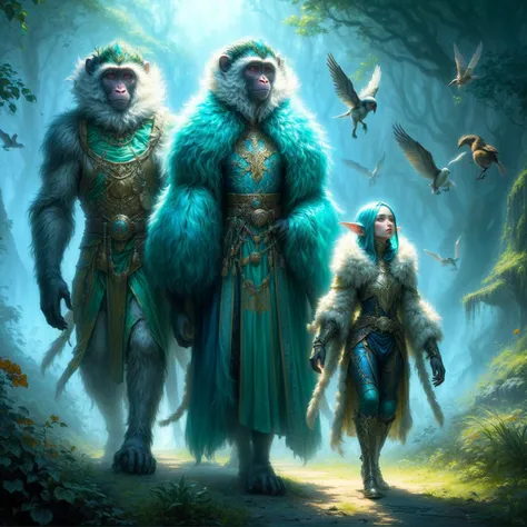 two monkeys in costumes and an elf woman walking through a forest with birds flying around, humanoid monkey fantasy race, roger ...