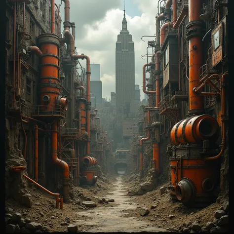 a detailed conceptual installation art, a dead city landscape painting, extremely detailed, steampunk, dieselpunk, clockpunk, cy...